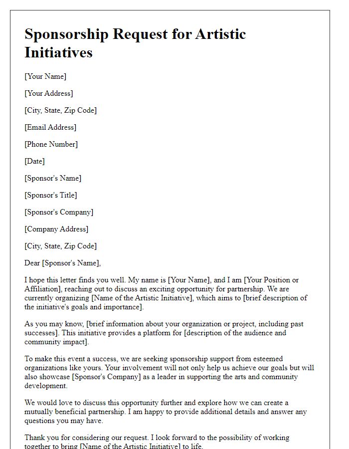 Letter template of sponsorship request for artistic initiatives