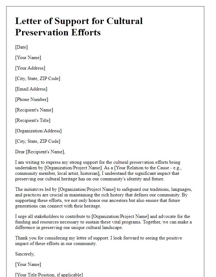 Letter template of support letter for cultural preservation efforts