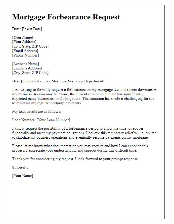 Letter template of mortgage forbearance request during business downturn