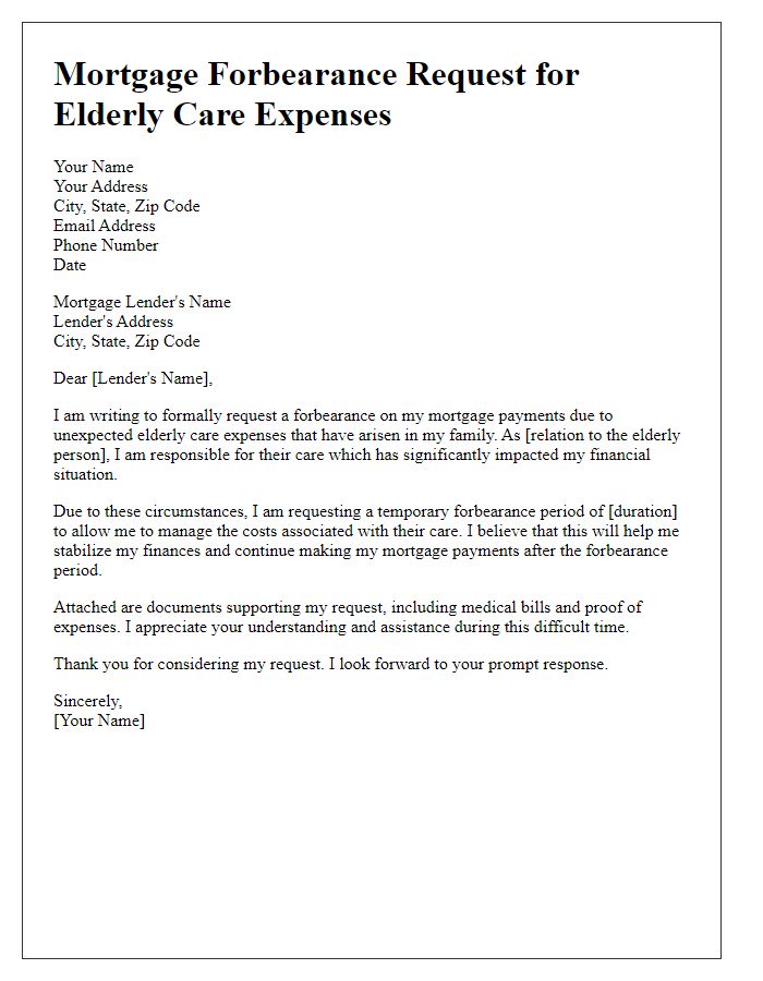 Letter template of mortgage forbearance request for elderly care expenses