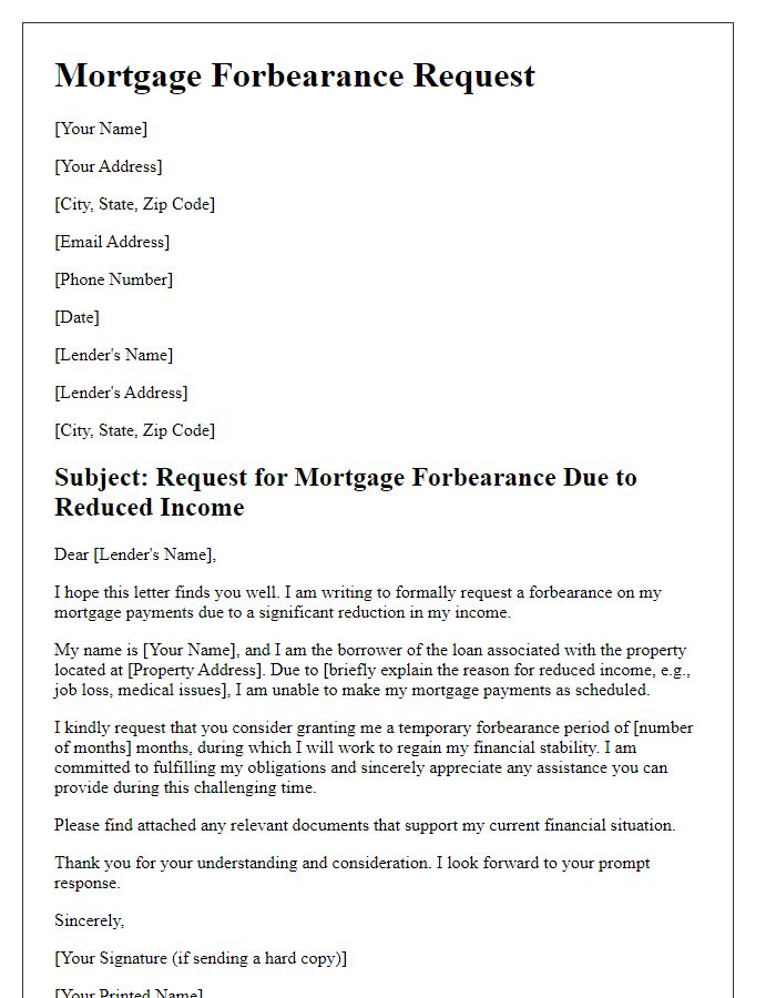 Letter template of mortgage forbearance request for reduced income