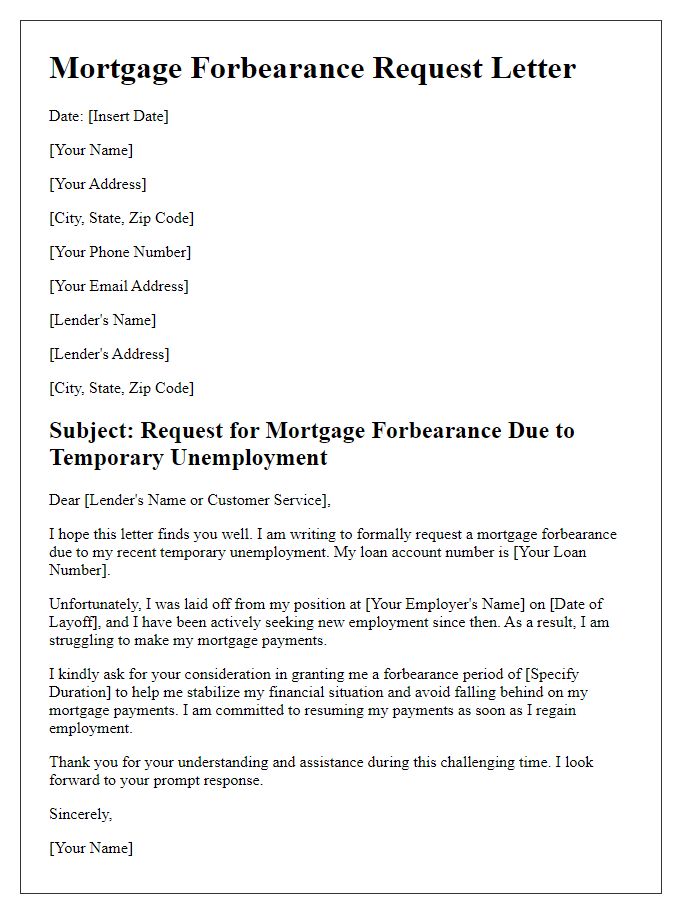 Letter template of mortgage forbearance request for temporary unemployment