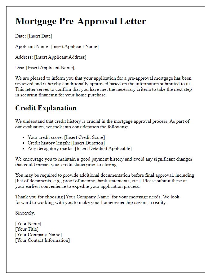 Letter template of pre-approval mortgage application with credit explanation