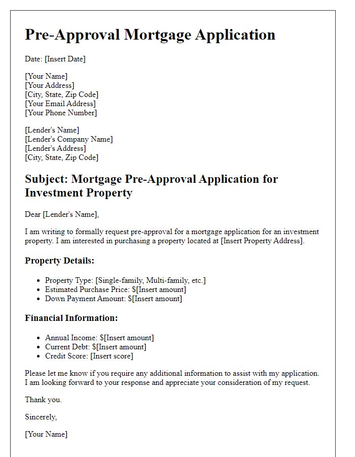 Letter template of pre-approval mortgage application for investment property