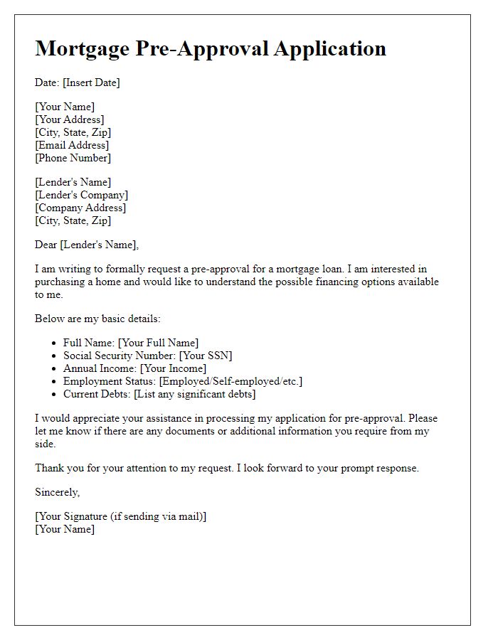 Letter template of simplified pre-approval mortgage application