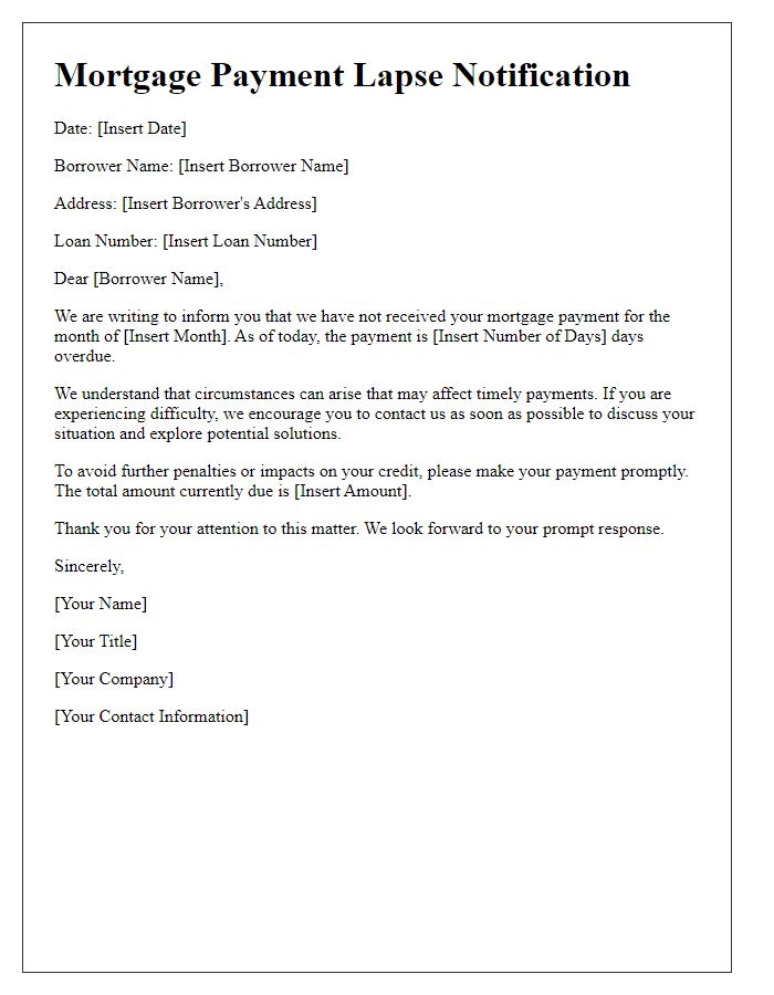 Letter template of mortgage payment lapse notification