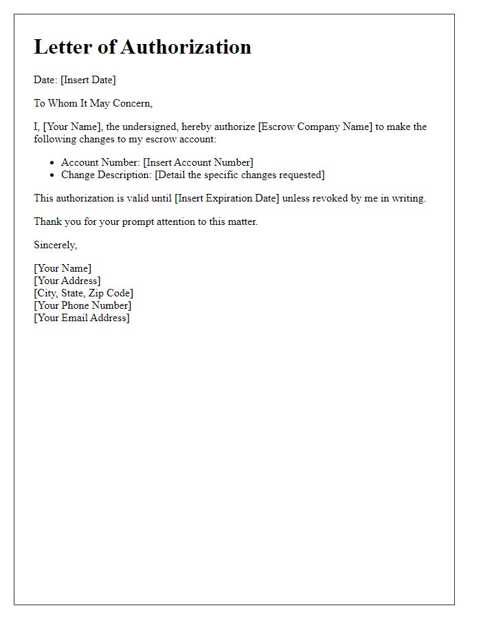 Letter template of authorization for escrow account changes