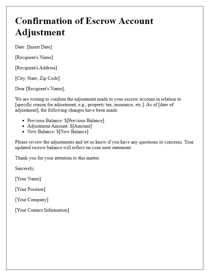 Letter template of confirmation for escrow account adjustment