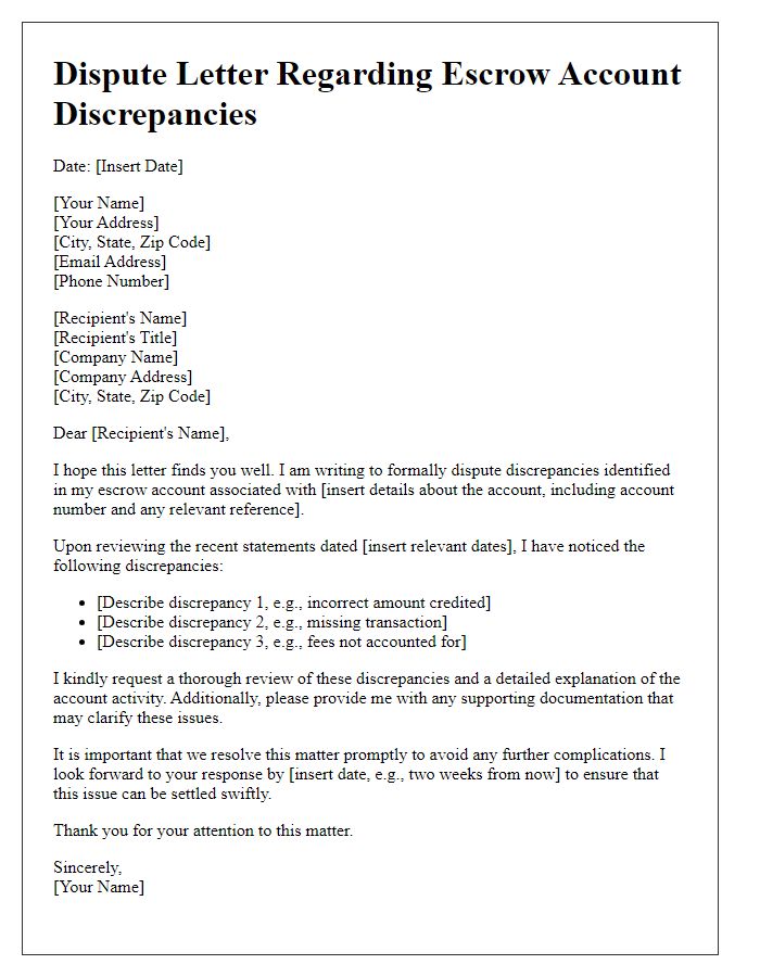 Letter template of dispute on escrow account discrepancies