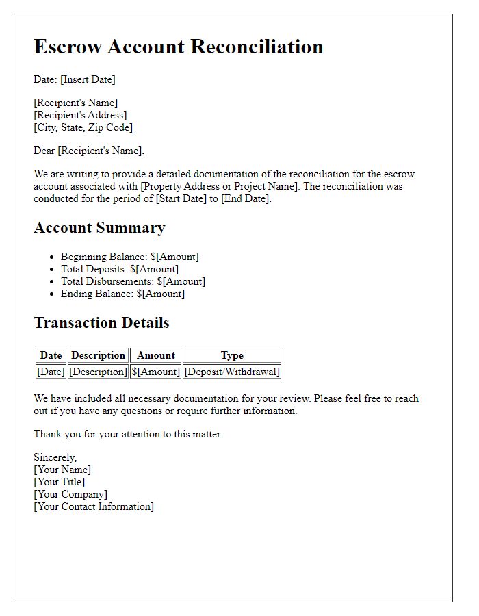 Letter template of documentation for escrow account reconciliation