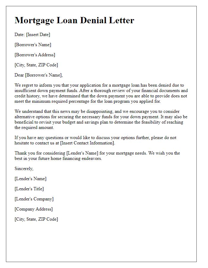 Letter template of mortgage loan denial from insufficient down payment funds.