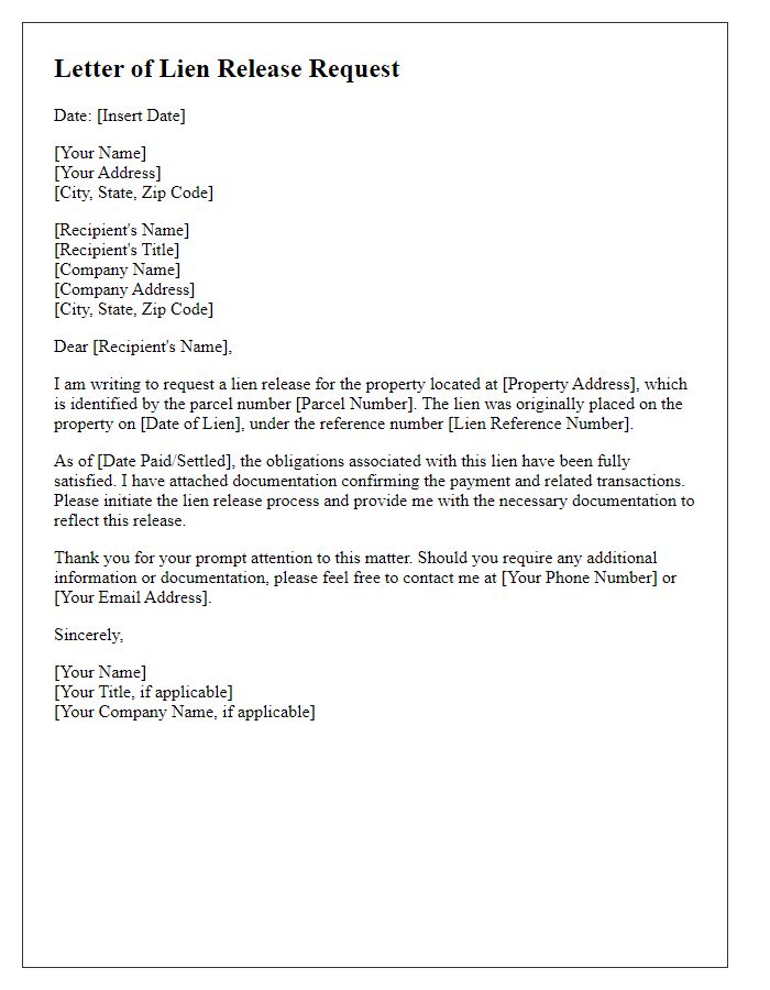 Letter template of lien release request for real estate transaction.