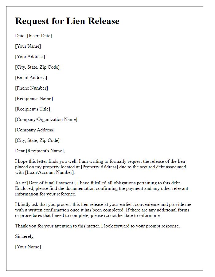 Letter template of lien release request for secured debt resolution.