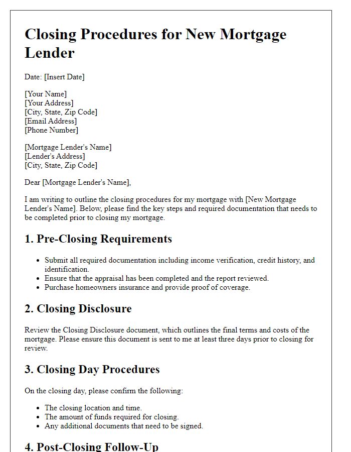 Letter template of closing procedures with new mortgage lender