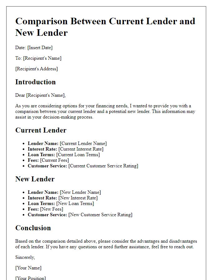 Letter template of comparison between current and new lender