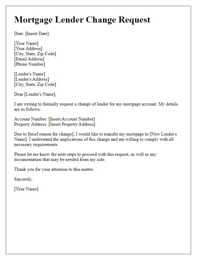 Letter template of mortgage lender change request