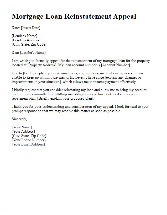 Letter template of mortgage loan reinstatement appeal