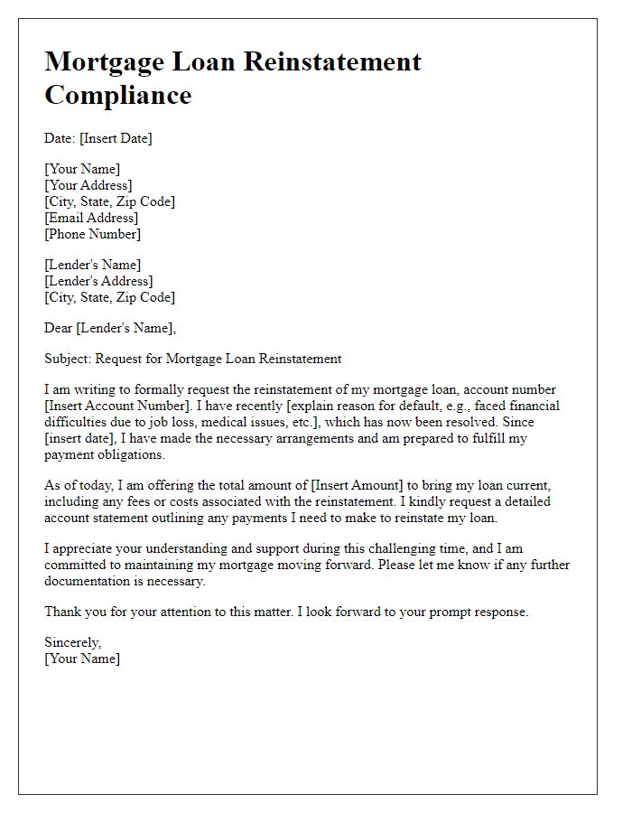 Letter template of mortgage loan reinstatement compliance