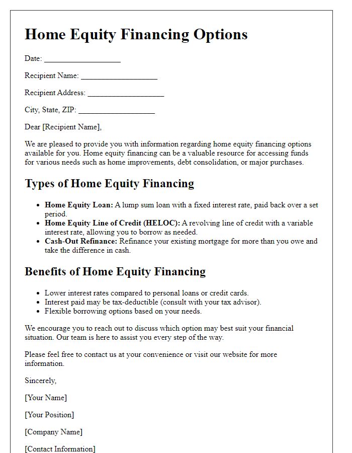 Letter template of Home Equity Financing Options