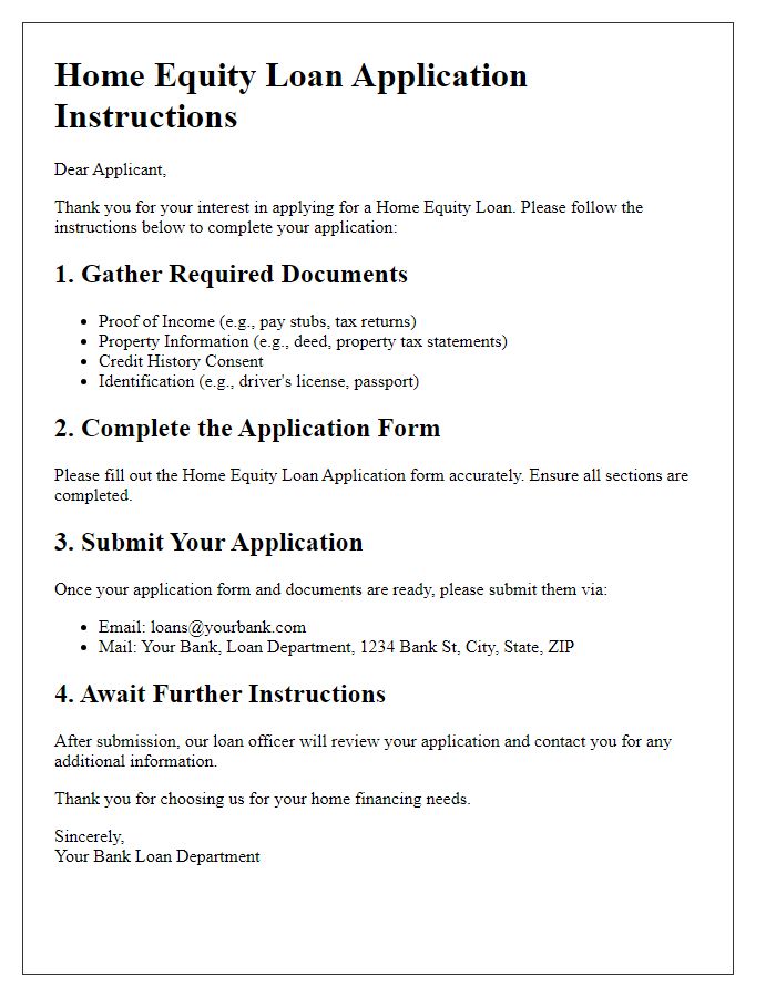 Letter template of Home Equity Loan Application Instructions