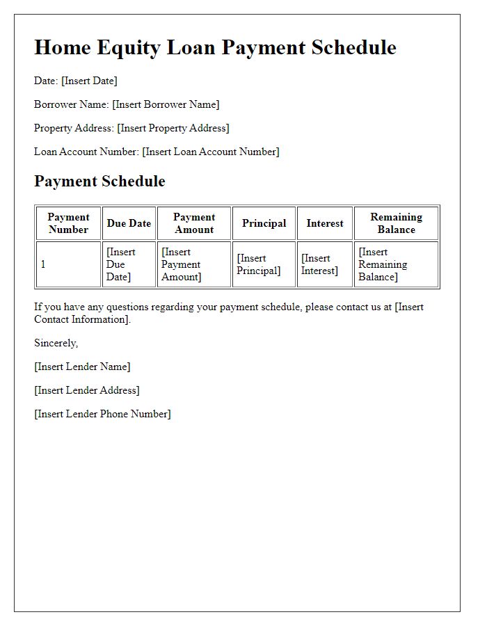 Letter template of Home Equity Loan Payment Schedule