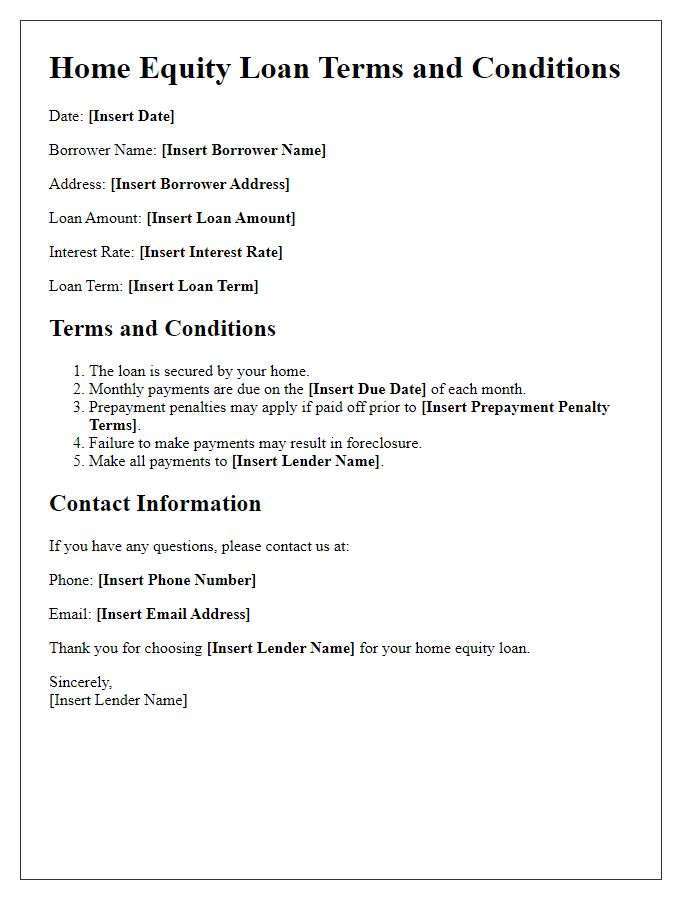 Letter template of Home Equity Loan Terms and Conditions