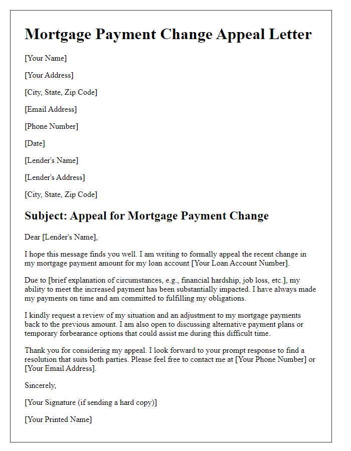 Letter template of mortgage payment change appeal