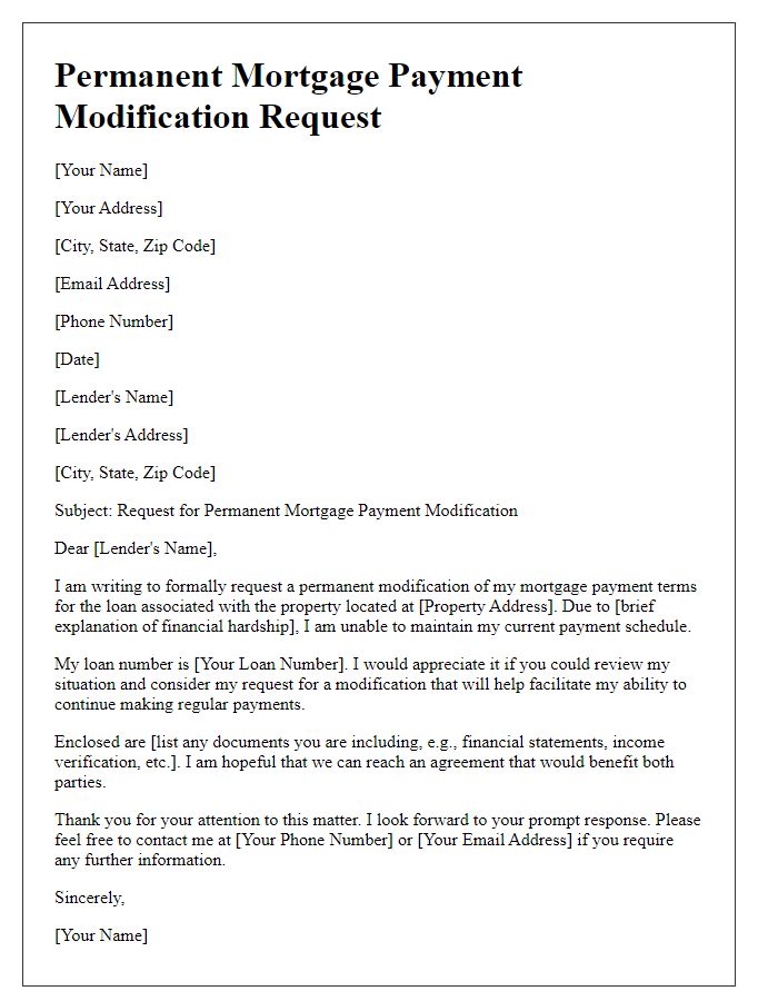 Letter template of permanent mortgage payment modification request