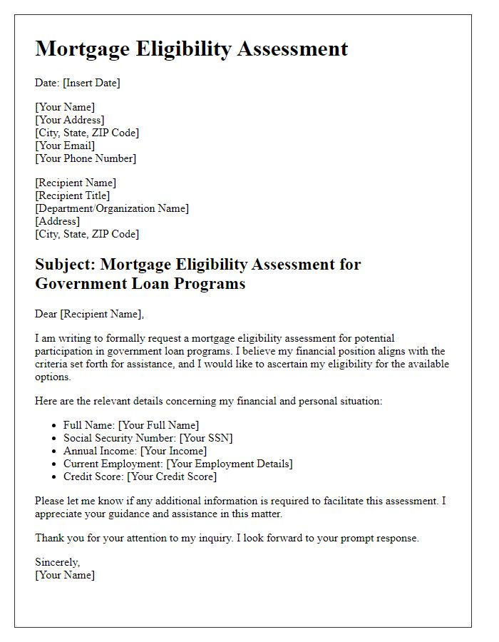 Letter template of mortgage eligibility assessment for government loan programs