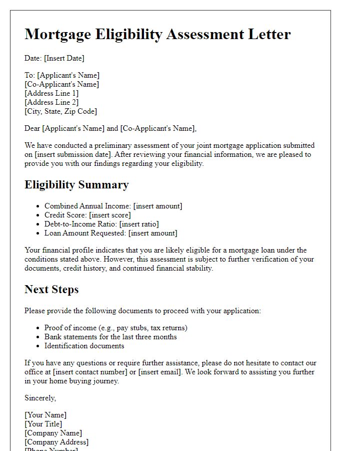 Letter template of mortgage eligibility assessment for joint applications