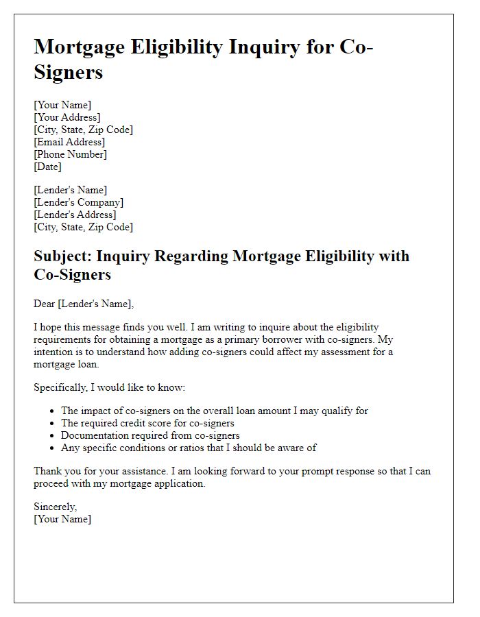 Letter template of mortgage eligibility inquiry for co-signers