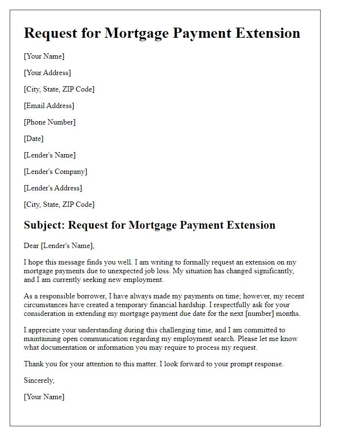 Letter template of mortgage payment extension due to job loss.