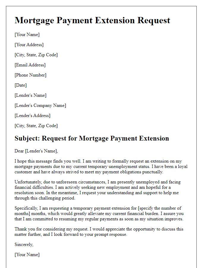 Letter template of mortgage payment extension request for temporary unemployment.