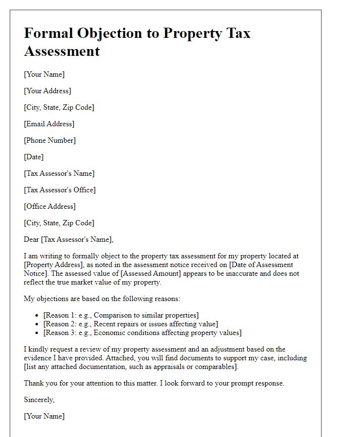 Letter template of formal objection to property tax assessment