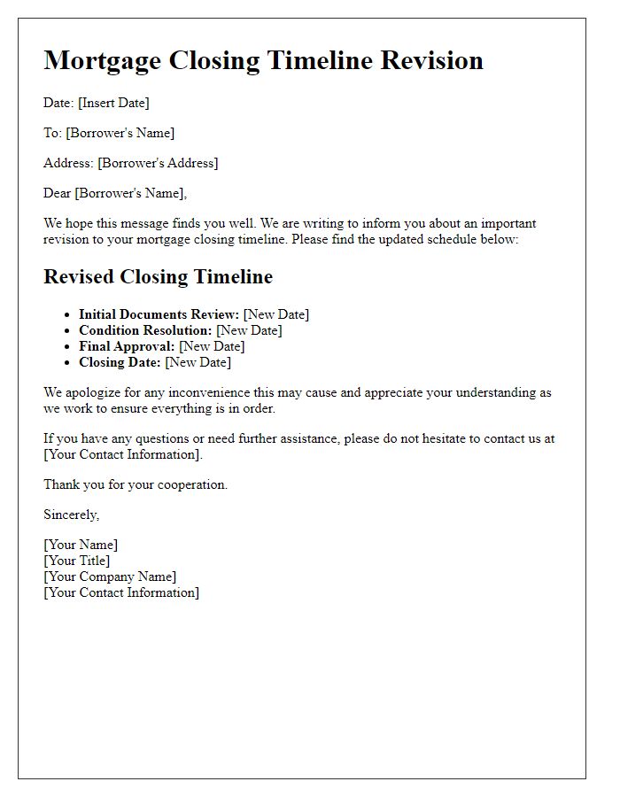 Letter template of mortgage closing timeline revision