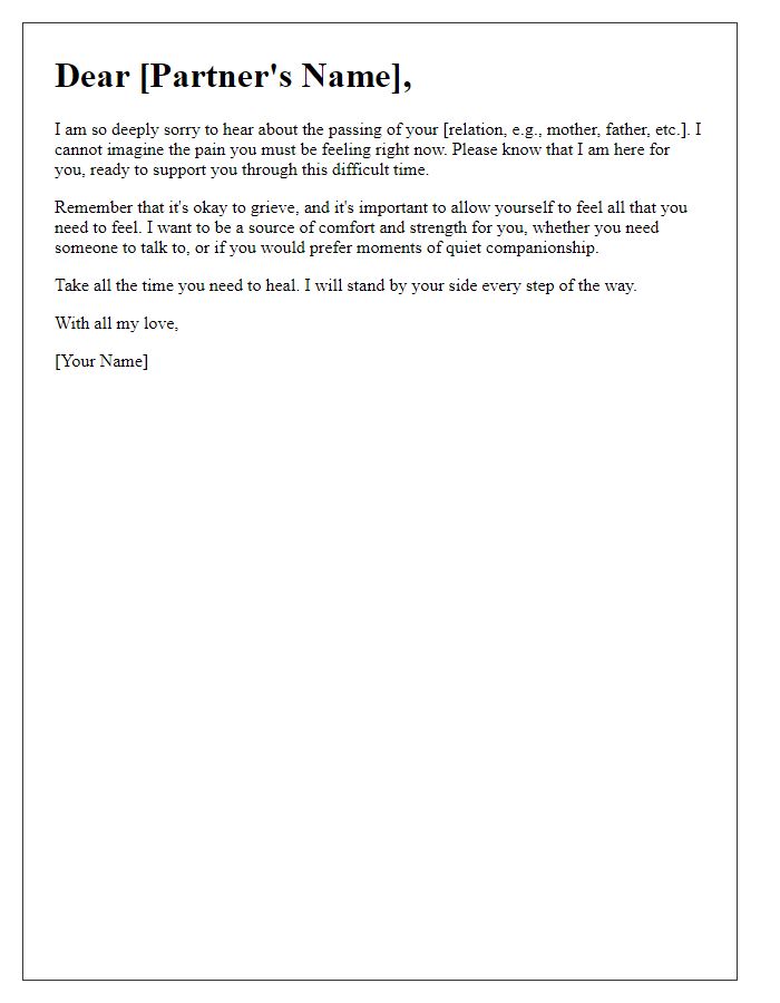 Letter template of solace for a partner affected by a family death.