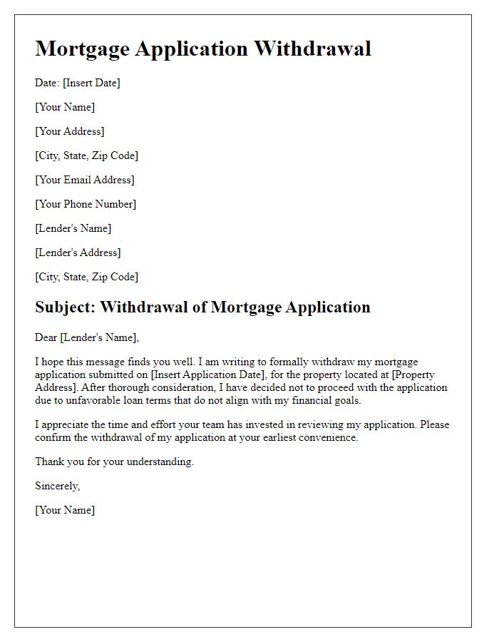 Letter template of mortgage application withdrawal due to unfavorable loan terms.