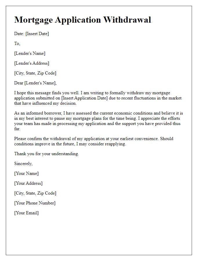 Letter template of mortgage application withdrawal in light of market fluctuations.