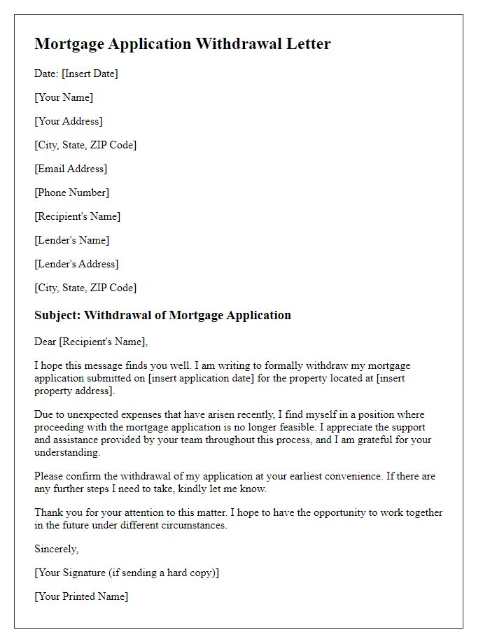 Letter template of mortgage application withdrawal resulting from unexpected expenses.