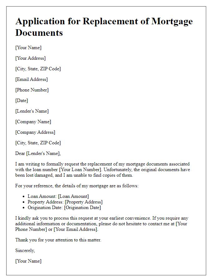 Letter template of application for replacement mortgage documents