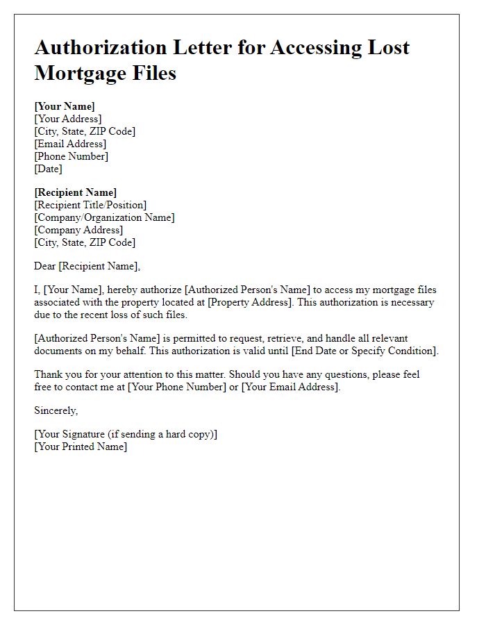 Letter template of authorization for accessing lost mortgage files