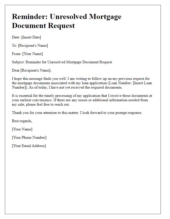 Letter template of reminder for unresolved mortgage document request