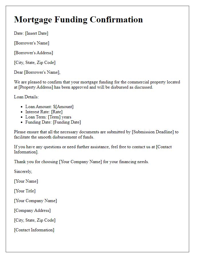 Letter template of mortgage funding confirmation for commercial property financing.