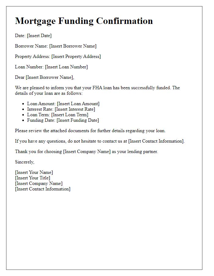 Letter template of mortgage funding confirmation for FHA loans.