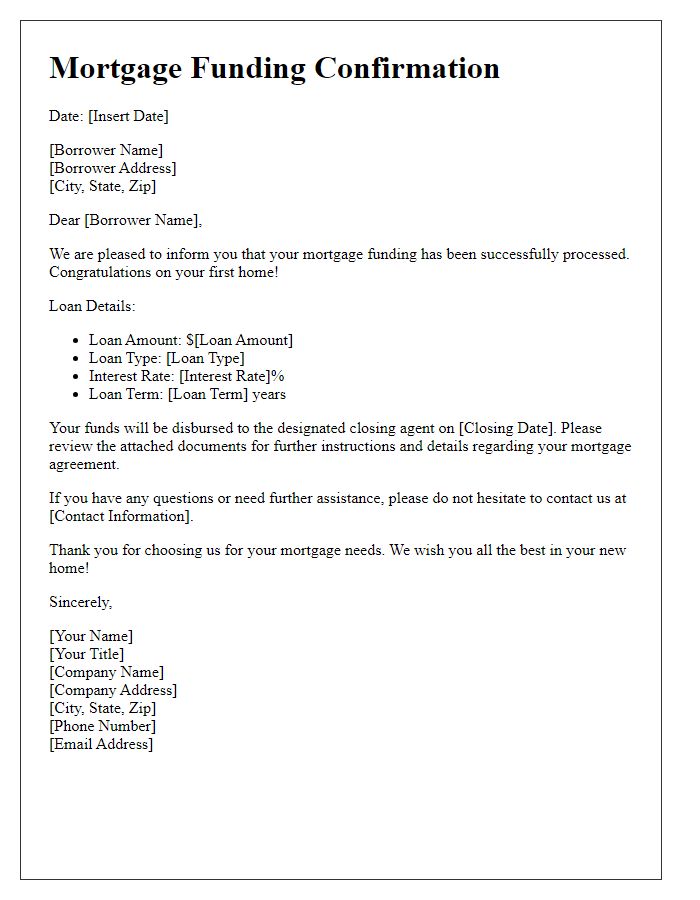 Letter template of mortgage funding confirmation for first-time homebuyers.