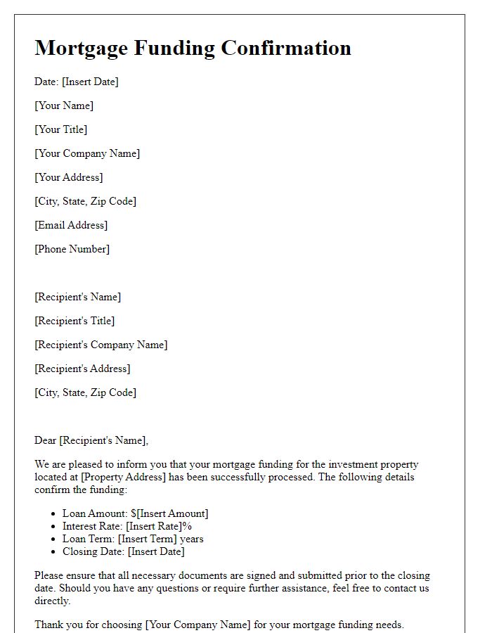 Letter template of mortgage funding confirmation for investment property purchases.