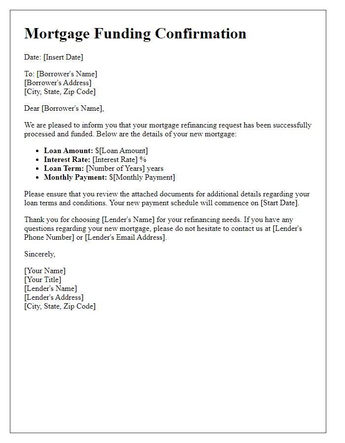 Letter template of mortgage funding confirmation for refinancing existing mortgages.