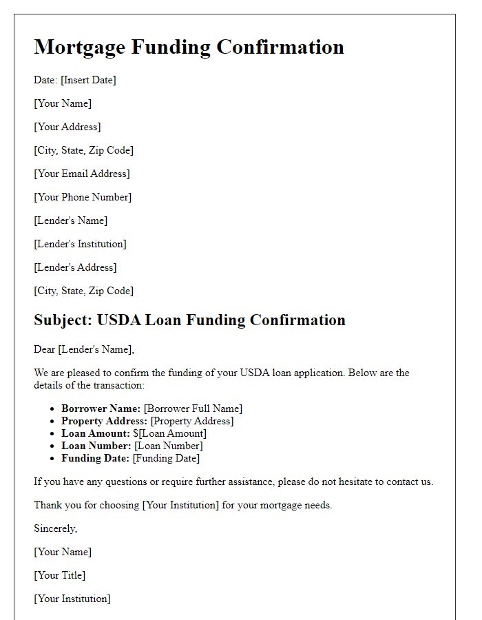 Letter template of mortgage funding confirmation for USDA loans.