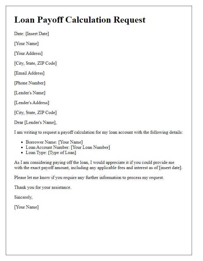 Letter template of application for loan payoff calculation