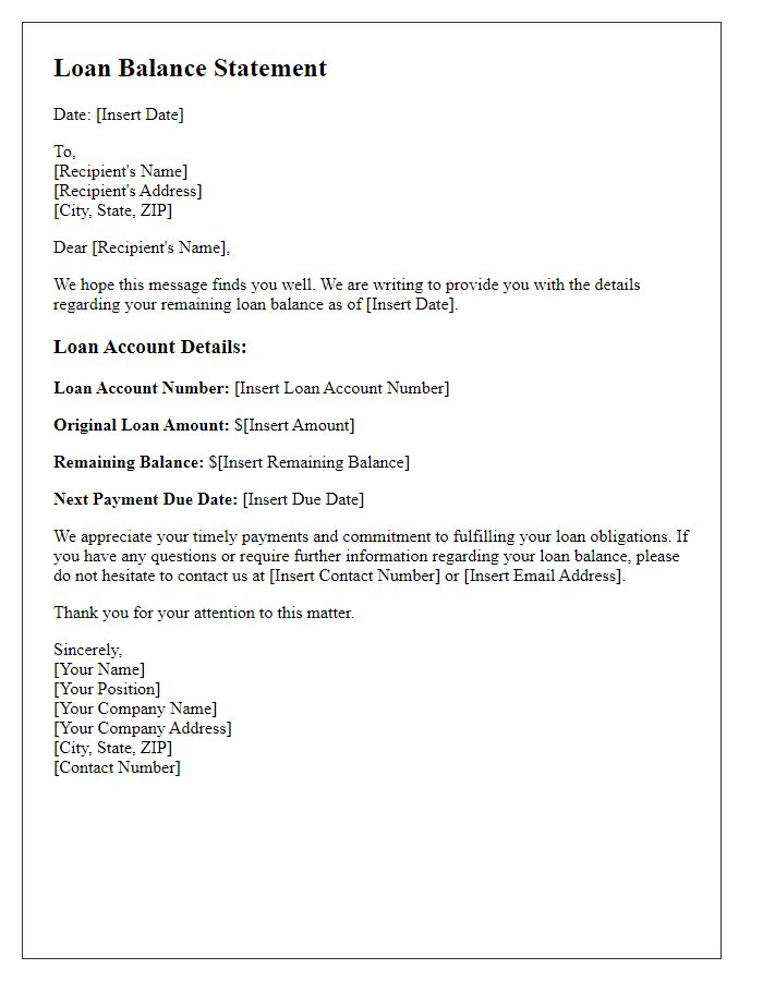 Letter template of communication for remaining loan balance details